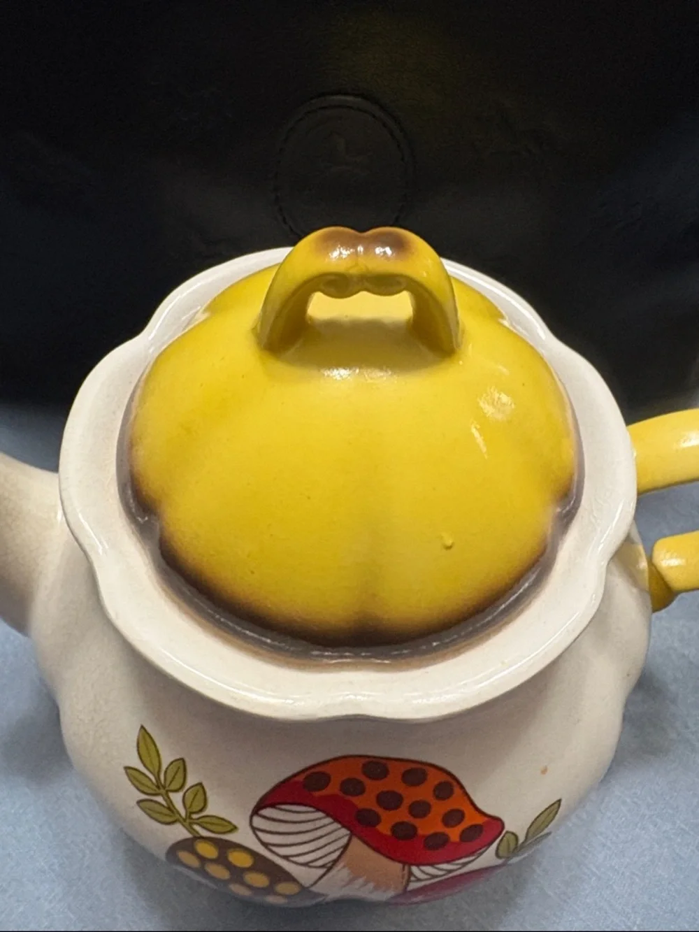 Vintage Mushroom Ceramic Teapot with Yellow Lid and Handle